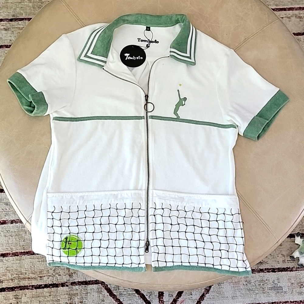 NWT Tombolo Fault One Tennis Cabana Shirt unisex Size Medium Zip Up Front ivory